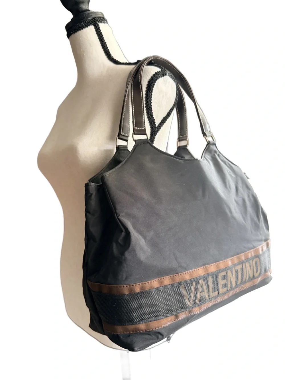 Valentino Rossa Black Nylon Triple Compartment Shoulder Tote Bag Brown Handles
